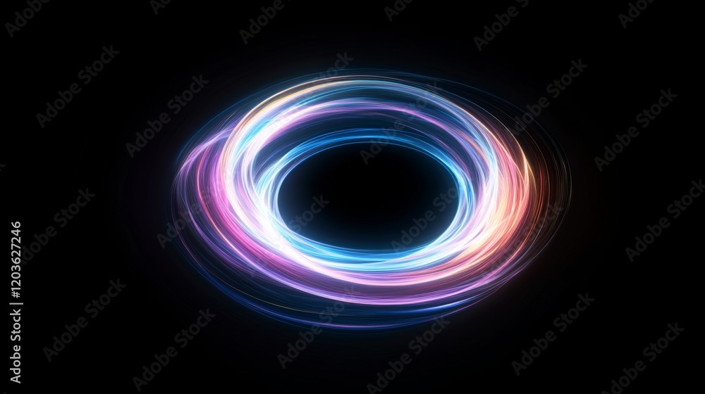 Colorful Circular Light Swirl on Black Background with Glowing Effects Colorful Circular Light Swirl on Black Background with Glowing Effects