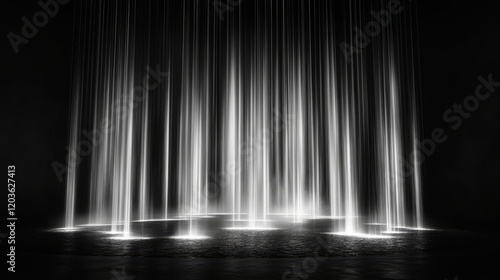 Elegant Water Fountain with Radiant Light Effects in Dark Environment