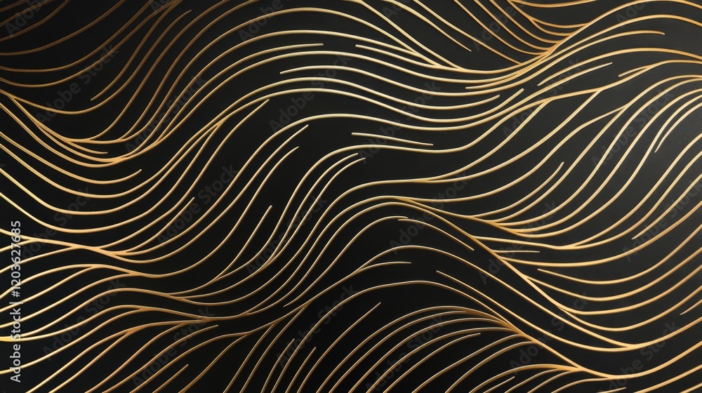 Elegant Black Background with Flowing Gold Lines in Wave Pattern Elegant Black Background with Flowing Gold Lines in Wave Pattern