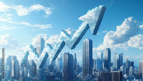 Abstract representation of rising market trends with glass-like arrow soaring above a modern city skyline under a bright blue sky featuring fluffy clouds.