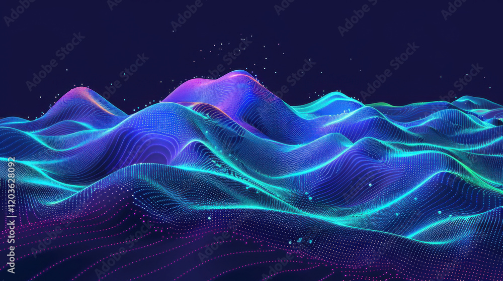 Obraz premium vibrant digital landscape featuring flowing waves of neon colors, creating mesmerizing visual effect. scene evokes sense of depth and movement