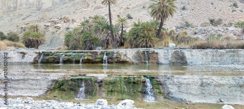 water falls lake state palm tree forest in mountain tourist place balochistan photo