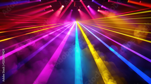 Wallpaper Mural Vibrant laser lights create colorful display in dark atmosphere, illuminating space with beams of pink, blue, yellow, and green. scene evokes excitement and energy Torontodigital.ca