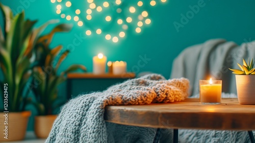 Cozy Winter Hygge Scene, Knit Blanket, Candles, and Plants photo