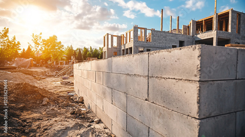 Construction site showcasing building walls with aerated concrete blocks, modern architecture in progress, professional craftsmanship, clean and detailed structure under natural lighting.