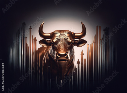 A bronze bull statue, symbol of financial growth, stands majestically amidst upward trending arrows, signifying market prosperity and economic strength.  The dark background emphasizes the bull's powe photo