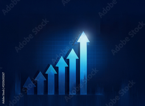 Ascending blue arrows on a dark background illustrate significant growth and progress.  The glowing effect adds to the sense of upward momentum and success. photo