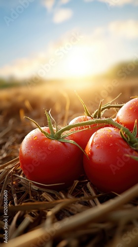 Three ripe red tomatoes lying on the ground surrounded by dirt and green foliage