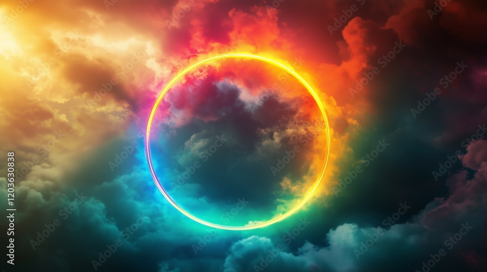 3D render, a colorful neon light ring on a dark background with fog and clouds in the shape of a circular frame. Abstract wallpaper with a glowing round lamp in the sky 3D render, a colorful neon light ring on a dark background with fog and clouds in the shape of a circular frame. Abstract wallpaper with a glowing round lamp in the sky