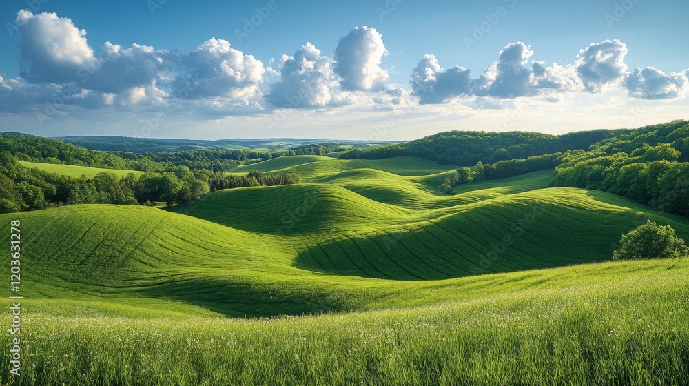 Rolling green hills under a vibrant blue sky filled with fluffy white clouds, creating a beautiful, serene landscape, inviting contemplation and tranquility Rolling green hills under a vibrant blue sky filled with fluffy white clouds, creating a beautiful, serene landscape, inviting contemplation and tranquility