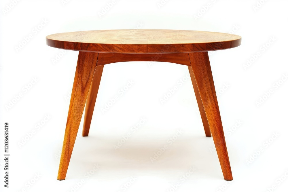 A round-topped coffee table with wooden legs and a wooden surface