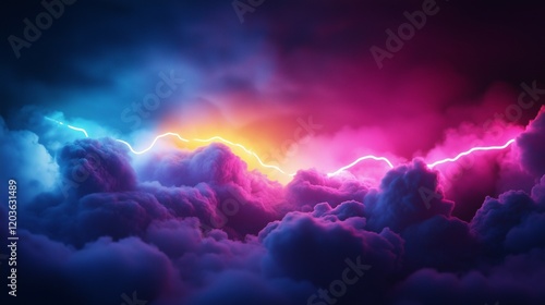 3D render, abstract clouds illuminated with neon light rays on a dark background, glowing lines, and the colorful glow of volumetric fog in the sky
