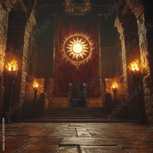 Majestic Medieval Throne Room with Radiant Sun Tapestry and Symmetrical Torchlight photo