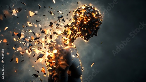 Fiery Human Figure Disintegrating into Fragments
