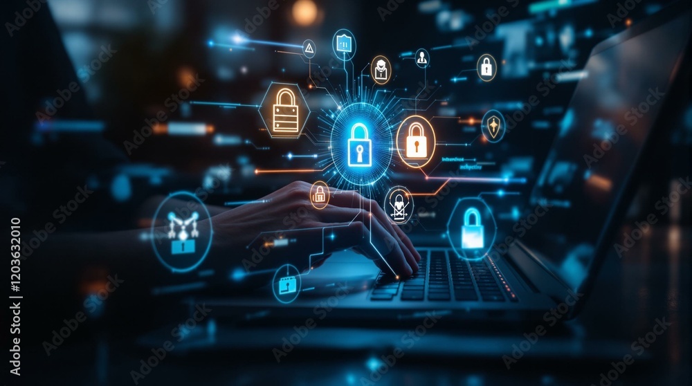 Cybersecurity concept. Person working on laptop with digital security icons and data protection. Safe online banking, network security and data privacy Cybersecurity concept. Person working on laptop with digital security icons and data protection. Safe online banking, network security and data privacy