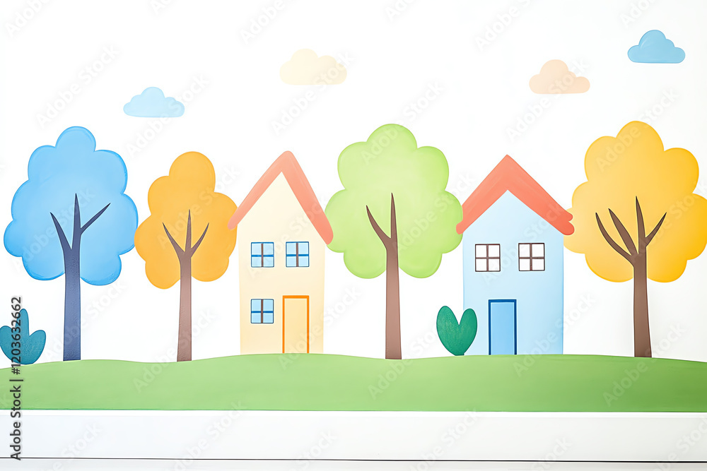A vibrant illustration of colorful houses and trees, capturing a whimsical, cheerful atmosphere perfect for home decor. A vibrant illustration of colorful houses and trees, capturing a whimsical, cheerful atmosphere perfect for home decor.