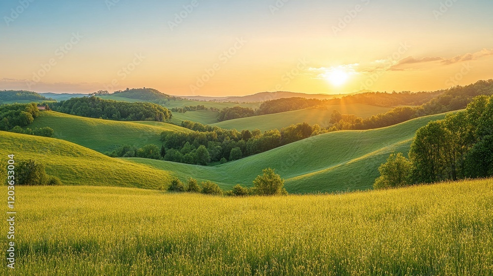 Obraz premium Rolling green hills and golden sunset creating a peaceful idyllic landscape with fields and trees at dusk