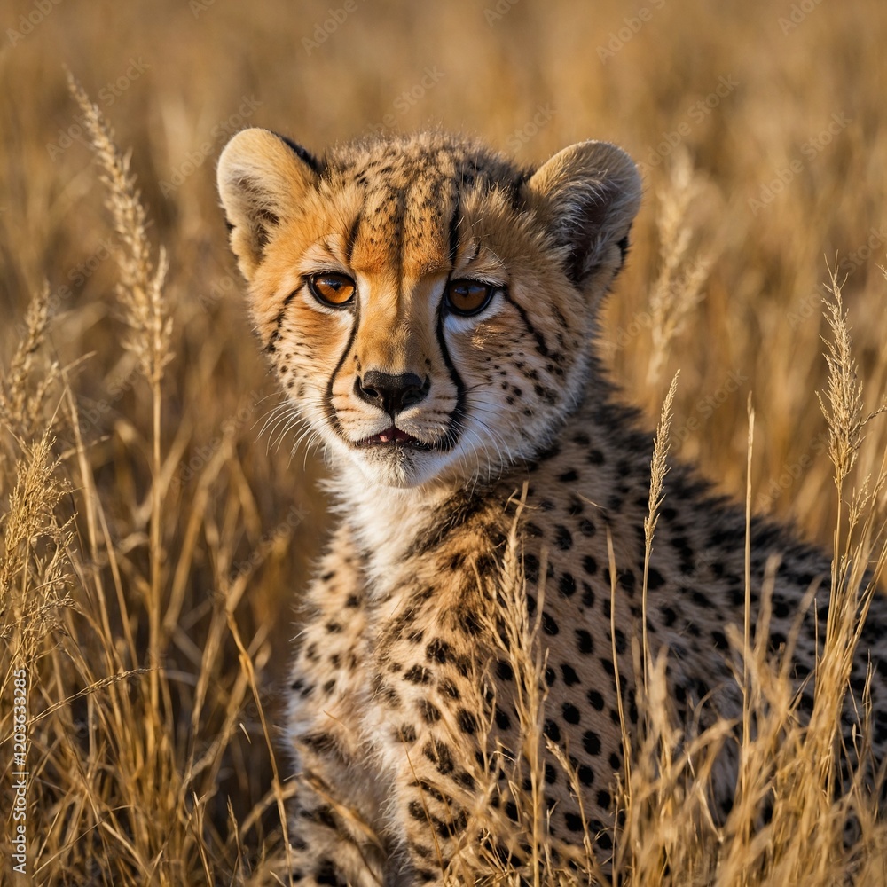 Obraz premium A cheetah cub playing in golden savanna grass under a bright blue sky.