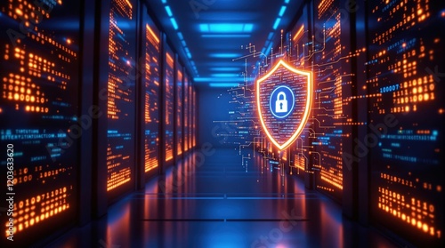 Cybersecurity shield concept. Digital data protection, network security, and data privacy. Futuristic technology background