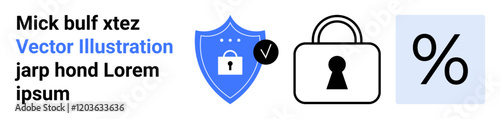 Shield with a padlock, black padlock, and percentage icon on a light background. Ideal for data security, digital protection, encryption, secure transactions, privacy assurance, cybersecurity access