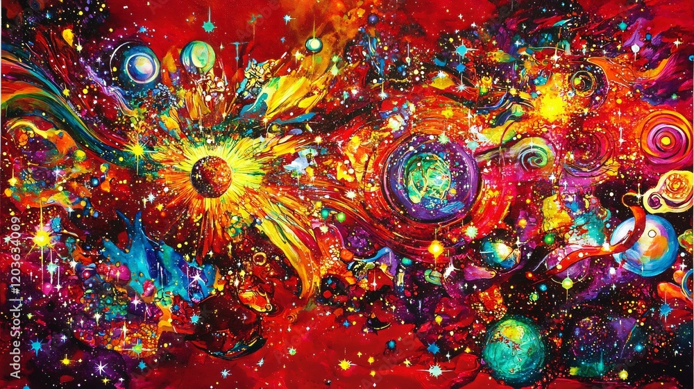 Vibrant Cosmic Abstract Painting, Exploding Stars and Nebulae Vibrant Cosmic Abstract Painting, Exploding Stars and Nebulae