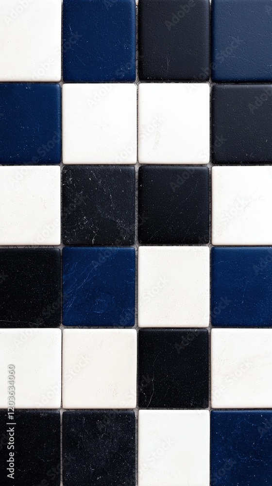 Fototapeta premium Black and white tile design featuring a blue and white stripe pattern for interior decoration