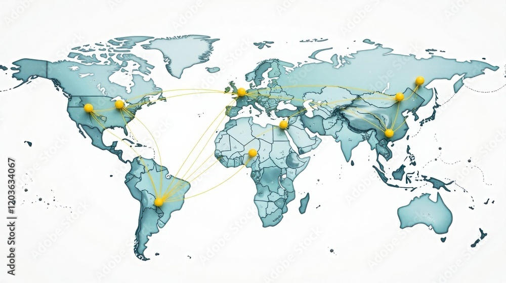 Naklejka premium Global Network Connections A Visual Representation of Interconnectedness and Worldwide Collaboration Through Strategic Partnerships