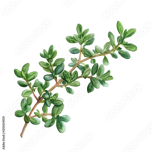 Watercolor illustration of a fresh sprig of Thyme, isolated on a white background, A delicate watercolor illustration of a sprig of thyme with its tiny leaves, Watercolor of a branch of Thyme