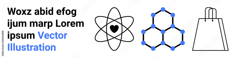 Atom with heart, hexagonal molecular structure, and shopping bag outline. Ideal for science, technology, chemistry, shopping, e-commerce health education. Landing page Atom with heart, hexagonal molecular structure, and shopping bag outline. Ideal for science, technology, chemistry, shopping, e-commerce health education. Landing page