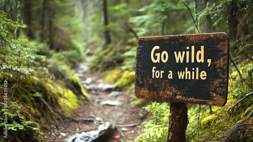 Wooden sign in forest encouraging exploration and adventure. Wooden sign in forest encouraging exploration and adventure.