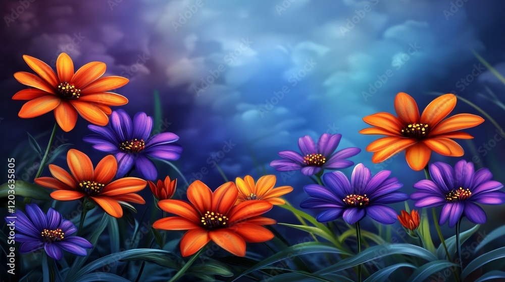 Fototapeta premium Vibrant Orange and Purple Flowers in a Dreamy Garden