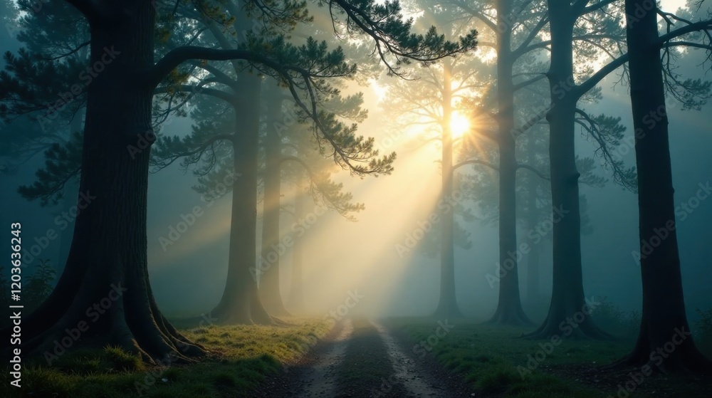 Obraz premium Sunlit Path Through a Misty Forest of Tall Trees at Dawn