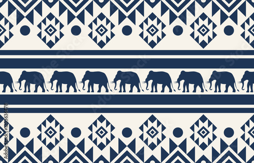 Elephant pattern. Seamless. White stripes, blue background. Ethnicity. Floral patterns, printed fabrics, pants, Lanna.