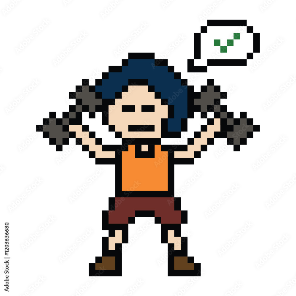 Naklejka premium Cute pixel cartoon 8bit character man weight training with dumbbell lifestyle lifting gym decoration life style 8 bit male boy weight fitness isolated game 8bit PNG vector.