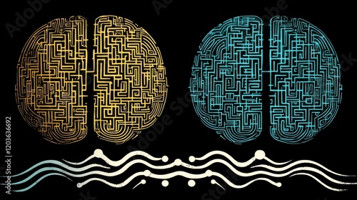 A continuous line drawing concept illustrating the human brain's creativity versus logic, representing chaos and order, organized versus disorganized left and right brain hemispheres as a metaphor photo