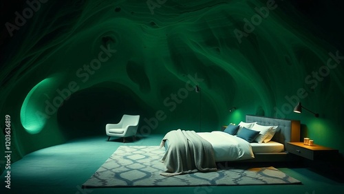 Inside a green emerald cave huge and modern bedroom with contemporary furniture big bed chair and lamps Exotic bedroom photo