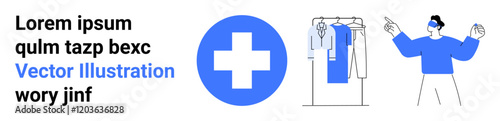 Healthcare professional adjusting uniform next to a cross symbol signifying medical care. Ideal for healthcare services, medical equipment, health applications, hospital websites, medical blogs