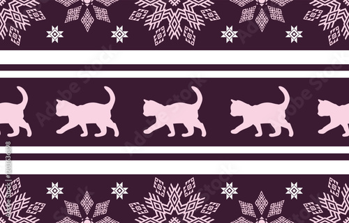 Cat ethnic pattern design. White stripes, darkblue background.Design for wallpaper,carpet, clothing, fashion, fabric.