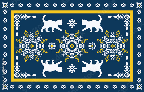 Cat ethnic pattern design. White stripes, darkblue background.Design for wallpaper,carpet, clothing, fashion, fabric.