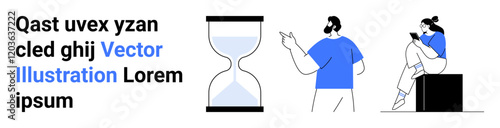 Man pointing at hourglass, woman sitting on a block with a smartphone. Ideal for teamwork, productivity, time management, project planning, digital communication, mobile usage modern design. Landing