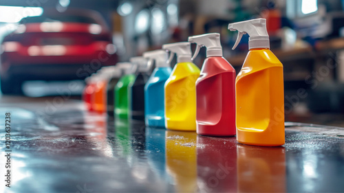 A minimalist image of a row of car cleaning products neatly arranged on a workbench, with a polished car visible in the background. 