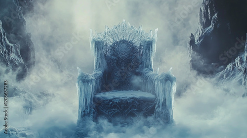 Majestic frozen throne adorned with intricate icicles, surrounded by a mystical winter landscape of cold mist and snow photo