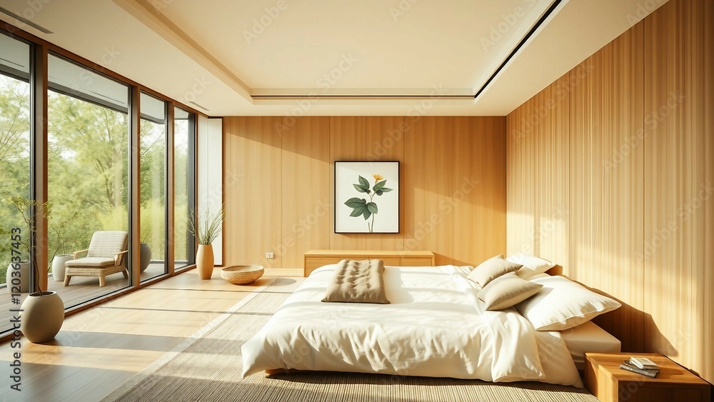 Fototapeta premium Design a Japandi minimalist master bedroom with large windows that allow natural light to flood the space