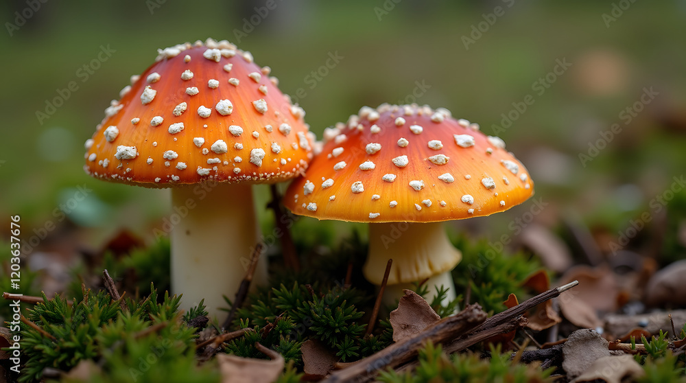 Orange mushrooms with white spots surrounded by grass and natural forest elements. Orange mushrooms with white spots surrounded by grass and natural forest elements.