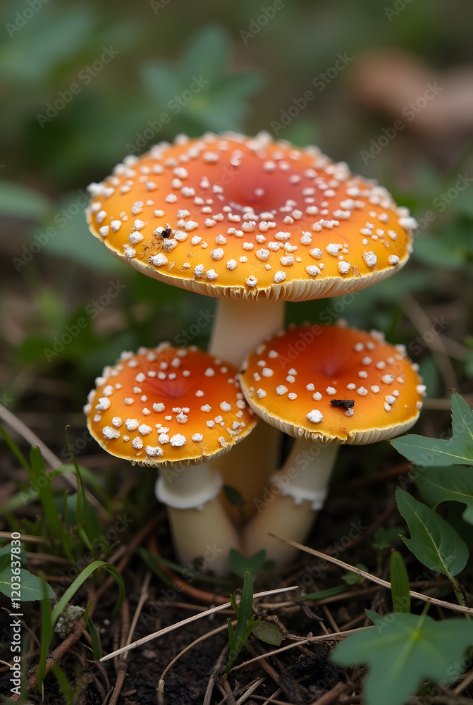 Orange mushrooms with white spots surrounded by grass and natural forest elements. Orange mushrooms with white spots surrounded by grass and natural forest elements.