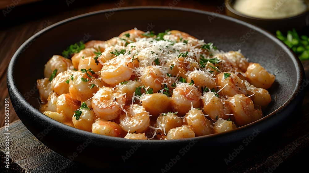 A Comforting Bowl of Garlic Shrimp Pasta with Parmesan Cheese and Fresh Parsley for Dinner A Comforting Bowl of Garlic Shrimp Pasta with Parmesan Cheese and Fresh Parsley for Dinner