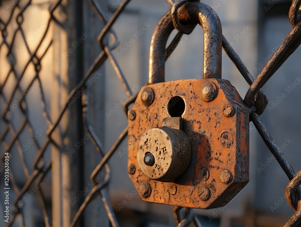 Rusty Padlock on Chain Link Fence, Close-up Image Rusty Padlock on Chain Link Fence, Close-up Image