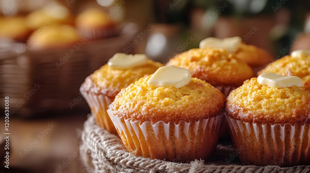 Freshly Baked Cornbread Muffins with Butter in a Charming Rustic Kitchen, Celebrating Homemade and Delicious Comfort Food