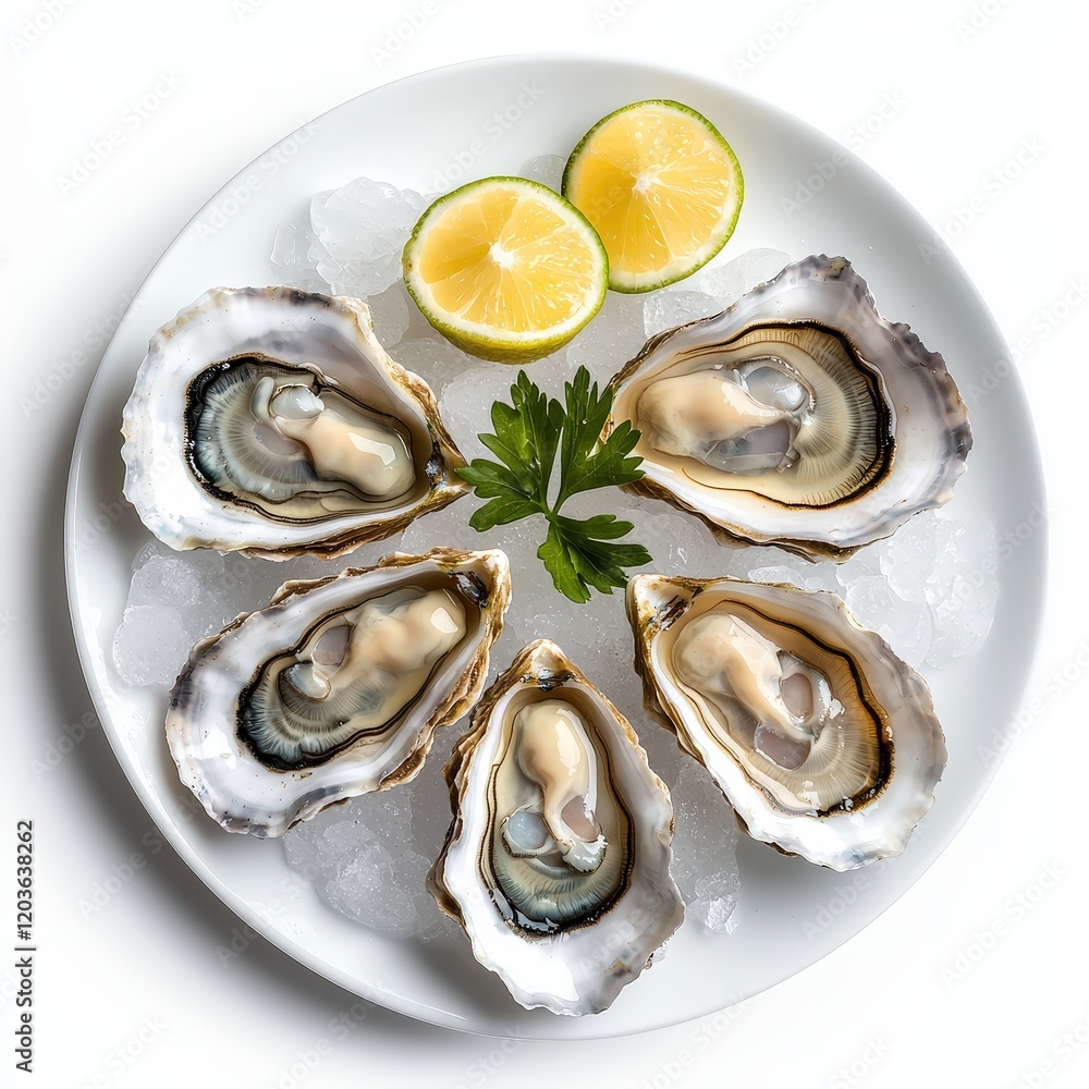 Plate of fresh oysters garnished with lemon wedges and lime on a rustic wooden table Plate of fresh oysters garnished with lemon wedges and lime on a rustic wooden table