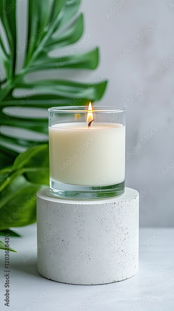 A scented candle stands on an elegant, minimalist podium illuminated by soft lighting, casting gentle shadows. The neutral background enhances the tranquil ambiance, promoting relaxation A scented candle stands on an elegant, minimalist podium illuminated by soft lighting, casting gentle shadows. The neutral background enhances the tranquil ambiance, promoting relaxation